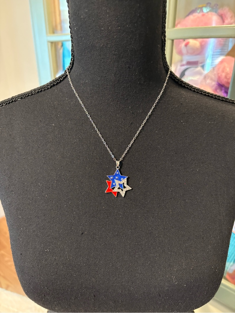 Triple Star Pendant Necklace - Red, Blue & Silver